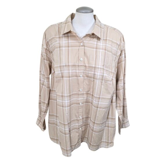 Lands End Womens 1X Plaid Button Up Top Shirt Blouse 1X Office Career Beige Tan - Picture 1 of 6
